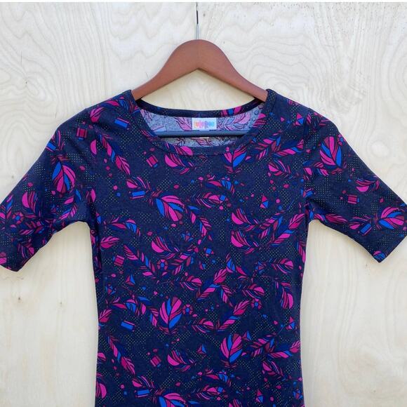 LuLaRoe Women's Dress Julia Bodycon Fuschia Teal Feather Print Size XXSmall EUC - Picture 3 of 12
